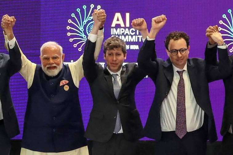 Left: Narendra Modi, PM of India; Middle: Sam Altman, OpenAI CEO; Right: Dario Amodei, CEO Anthropic